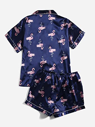 Wdirara Women's Plus Size Satin Pajama Set Short Sleeve Button Down Pajamas Shirt And Short Sleepwear Navy Blue 5Xl #TOP1