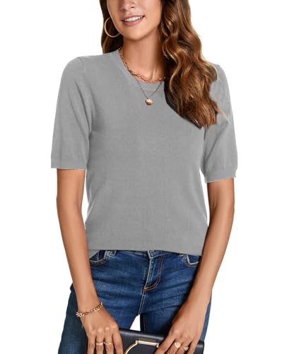 Womens Short Sleeve Sweaters Tops Crew Neck Pullover Shirt Lightweight Knit Sweater Blouse