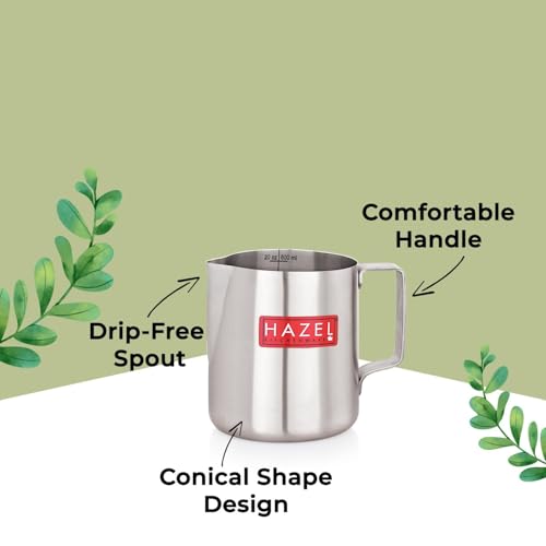 Image of HAZEL Stainless Steel Tea Coffee Milk Frothing Pitcher Serving Pot with Handle Spill Proof Pouring, 600 ML