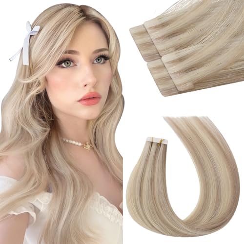Moresoo Human Hair Extension Tape in Balayage Real Hair Tape in Extensions Light Brown with Platinum Blonde Ombre Tape in Hair Extensions Real Human Hair 12 Inch 20 Pieces/30g #8/22/8