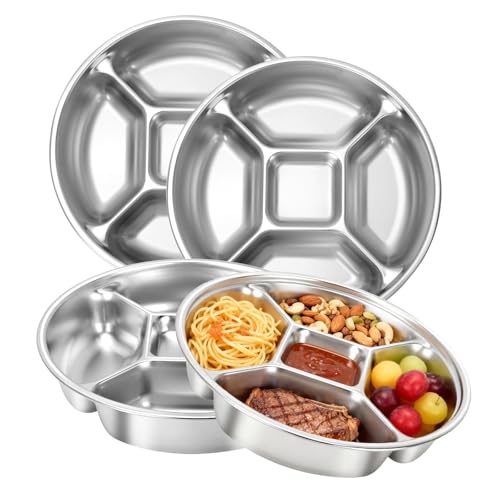 YEJZXY Stainless Steel Divided Dinner Plate 8.5'' Reusable Portion Control Plate - Metal Separated Plates Lunch Dinner Tray Set - Round Serving Platter, BPA-Free for Meal Prep, Work, Family (4-Piece)