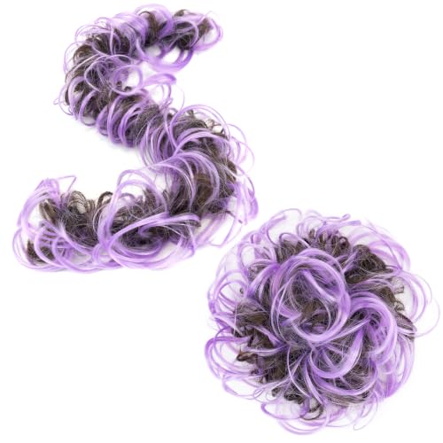 IMISSU Large Size Hairpiece Curly Messy Hair Bun Wrap Scrunchies Elastic Hair Band Donut Updo Chignon Hair Extension Piece for Women Girl (Brown Light Purple)