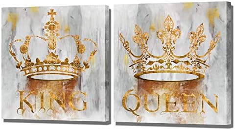 sechars King and Queen Canvas Wall Art Crown Painting Prints Gold and Grey Bedroom Decoration Couples Annivesary Wedding Gifts 24“x24 x2pcs
