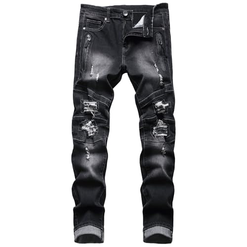 Jeans pour homme coupe ajustée denim déchiré poches zippées