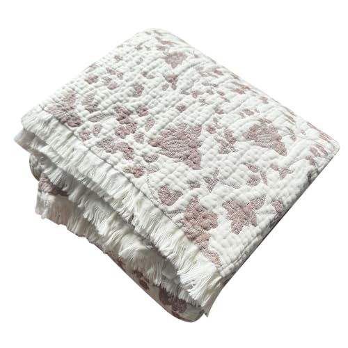Image of King 100% Cotton Muslin Blanket with Tassel All Seasons Blush 4-Layer | Breathable, Soft & Lightweight, Crinkle Texture, for Bed Couch Sofa, Throw, Shawl, for Hot Sleepers, Home Decor