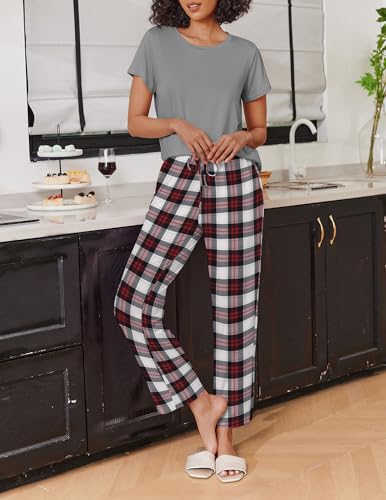 Image of Ekouaer 2 Pack Pajamas for Women Set Short Sleeve Pj Top and Printed Pants | Soft PJs Cozy Printed Lounge Sets Comfy Sleepwear with Pockets