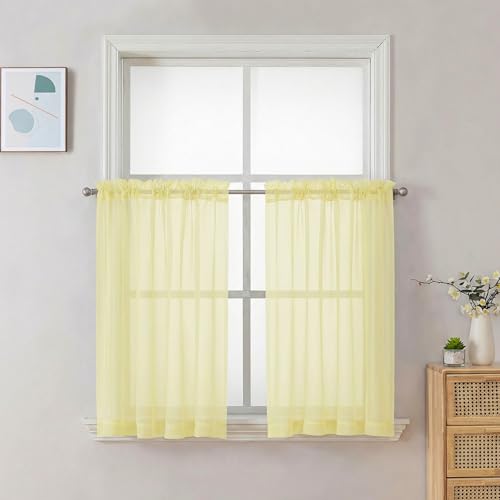 Image of Chyhomenyc Sheer Curtains 36 inch Length 2 Panels Set - Light Filtering Voile Rod Pocket Short Window Curtians for Bathroom Living Room Farmhouse Small Windows, 42Wx36L inches, Light Yellow