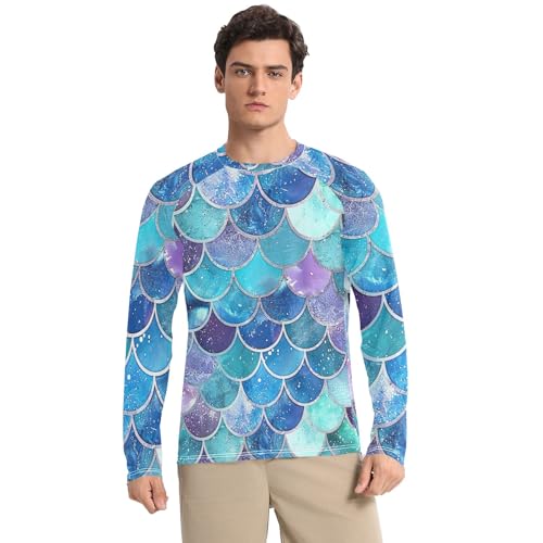 Trendy Mermaid Scales Sun Shirt UPF 50+ UV Sun Protection Long Sleeve Rash Guard for Men Quick Dry Fishing Shirts, Large