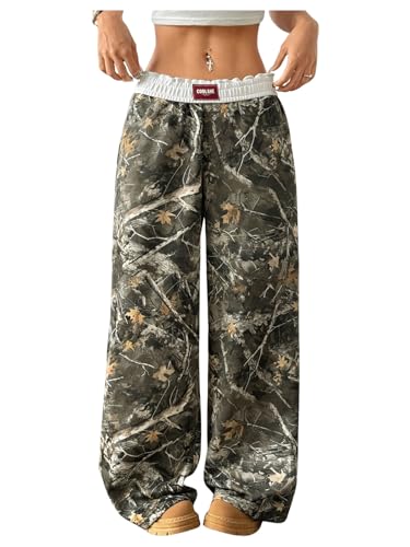 GORGLITTER Women's Double Waisted Camo Wide Leg Sweatpants Camouflage Baggy Trouser Workout Streetwear Track Pants