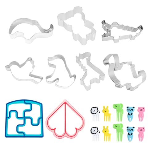 Guegine 9 PCS Sandwich Bread Cutters and Animals Cookie Cutters Shapes Baking Set，Stainless Steel Sandwich Cutter for Children with 10 Cute Animal Fruit Forks for DIY Cookies and Sandwi-ch Decoration