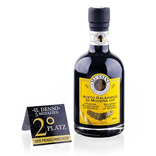 Mussini Aceto Balsamico Di Modena IGP - IL DENSO 12 Jahre - 5 Goldmedaillen - 250ml - Preisgekrönt aus der Modena Region Emilia-Romagna - Handwerklich in 12 unterschiedlichen Holzfässern-Arten gereift