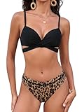 CUPSHE Damen Bikini Set Push Up Crossover Bikini Bademode Blumenmuster Zweiteiliger Badeanzug Swimsuit Marineblau M