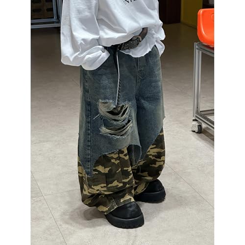 Baggy Jeans Kids Camo Patchwork Ripped Wide Leg Jeans Streetwear Loose Fit Baggy Pants Boys Grunge Camouflage Hip Hop4