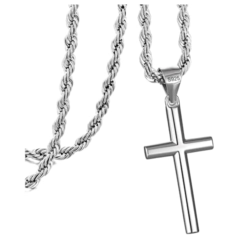 murtoo 925 Sterling Silver Cross Necklce for Men, Cross Pendant Necklace with Stainless Steel Curb Chain Wheat Chain Twisted Rope Chain, Silver Cross Chain Necklace for Men Women Cover