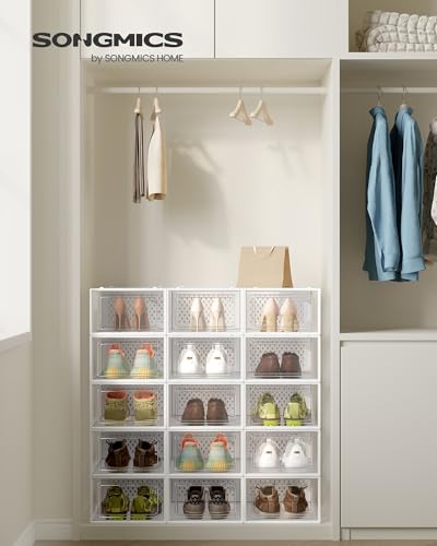 Image of SONGMICS Shoe Boxes, Pack of 15 Shoe Storage Organizers, Stackable Clear Plastic Boxes for Closet, Sneakers, 13.1 x 9.1 x 5.6 Inches, Transparent and White ULSP015W02