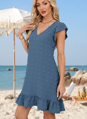 Image of QACOHU Spring Summer Dresses for Women 2026 V Neck Cap Sleeve Ruffle Hem Smock Short Casual Beach Dress