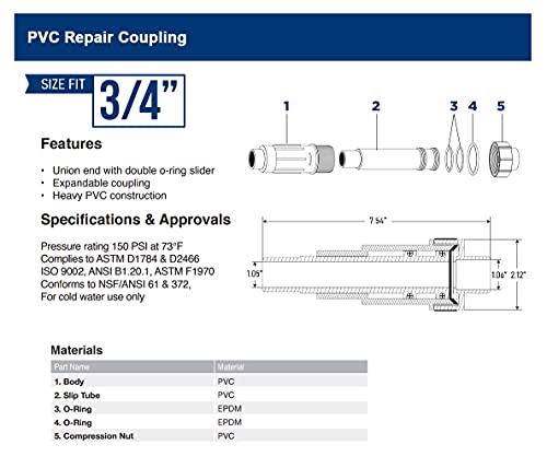 Image of Midline Valve 567SD034 Heavy Duty PVC Repair Coupling; Expandable Pipe Fitting; 3 /4 in. White Plastic