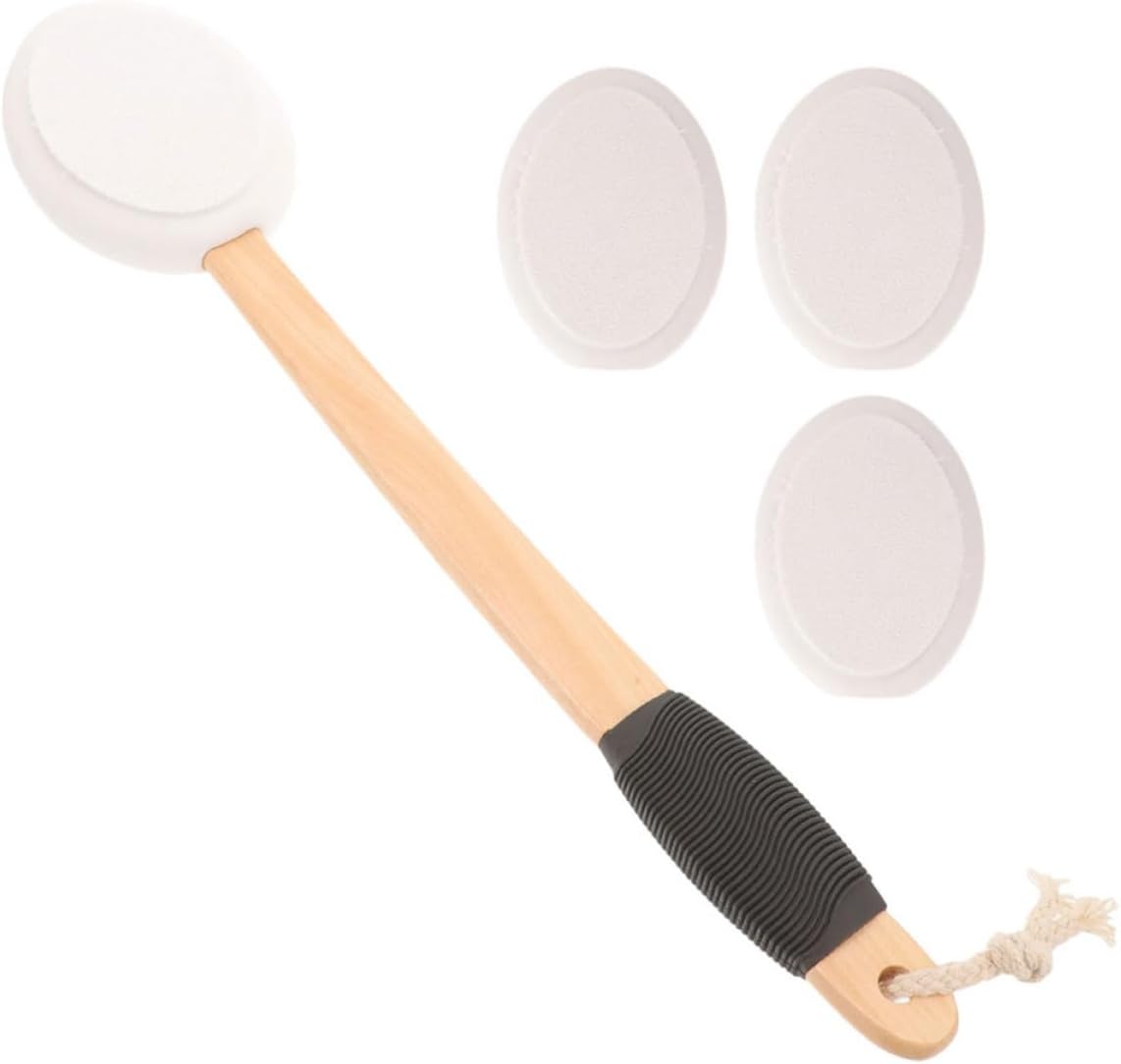 Back Lotion Applicator with Anti-Slip Wood Handle and Replacement Heads, Cream Applicator Brush for Easy Lotion Application to Hard-to-Reach Areas on Your Back