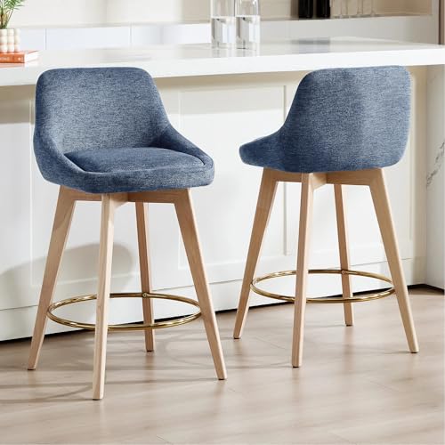 Image of Zesthouse Swivel Bar Stools Counter Height Set of 2, 26 inch Wooden Barstools with Back & Solid Wood Legs, Upholstered Linen Fabric Bar Stools for Kitchen Island, Modern Coastal Blue Counter Height Chairs