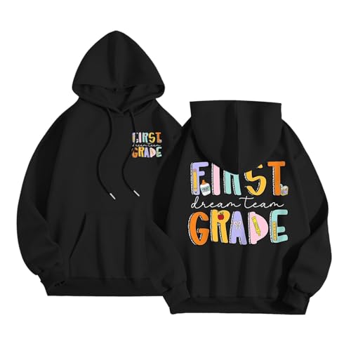 Image of Womens Letter Graphic Hoodie Long Sleeve Back to School Sweatshirt Soft Cotton Polyester Blend Plus Sizes Available Ideal for First Day of School and School, black, M