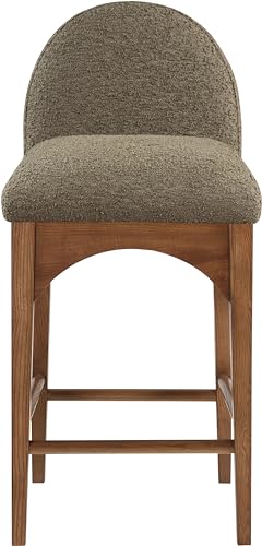 Butaco Art Deco Meridian Furniture Waldorf con tapizado en tela bouclé verde oliva, madera de fresno sólida y acabado marrón nogal, altura para barra, 18" x 20" x 37" miniatura 6