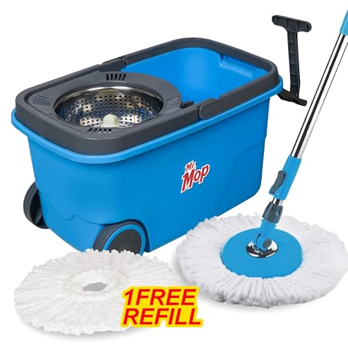 Image of Mr.Mop 360 Degree Square Spin Bucket Mop for Floor Cleaning with Rod Stick and 2 Microfiber Refills | Magic Pocha Set (Blue (Steel Jali))