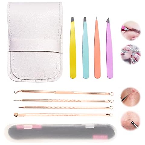 Tweezer Set 4 PCS, Ingrown Hair Tweezers with Leather Case, Professional Stainless Steel Precision Eyebrow Tweezers Women Kit with 4 pcs Acne Needle for Eyebrow,Ingrown Hairs,Facial Hair Removal Cover