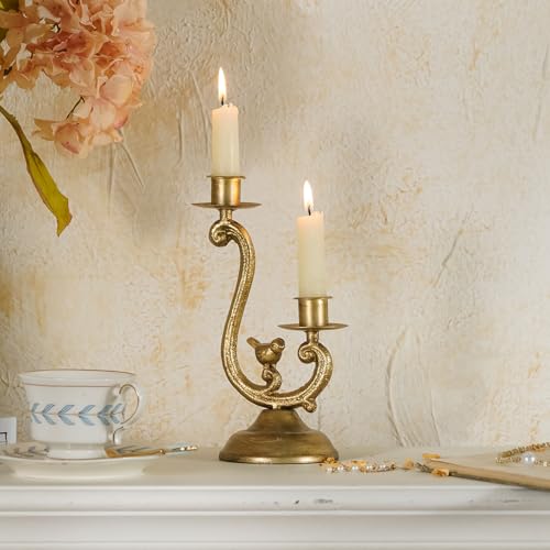 NIKKY HOME Vintage Gold Bird Candelabra, 2 Arm Metal Taper Candle Holder