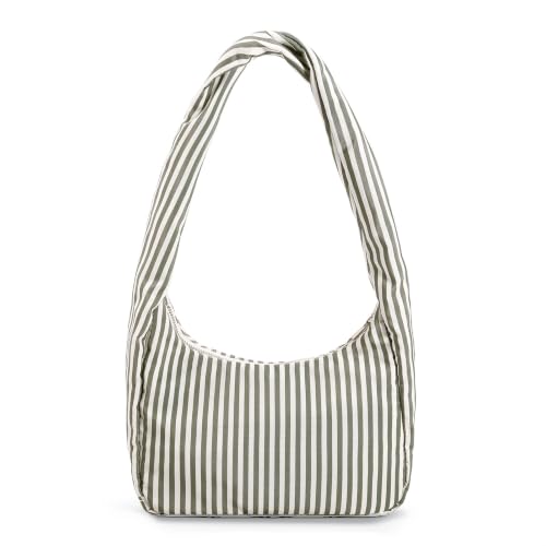 hibear Slouchy Shoulder Bag Small Nylon Meringue Bag for Women Trendy Handbag Hobo Bags for Travel Work College (Green stripes)