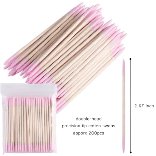 FSpronail 200pcs Pointed Tip Cotton Swabs, Pink Double-head Precision Microblading Cotton Swabs with Wooden Sticks Nail Polish Remover Pen Touch Up Disposable Makeup Applicators Beauty Tools