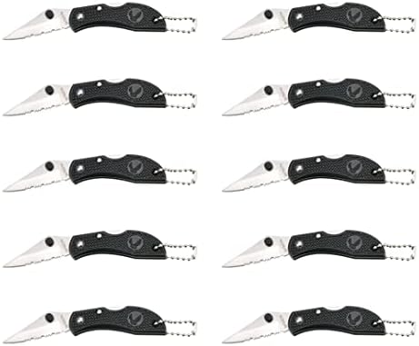 Keychain Knife - Surgical Stainless Steel Half-Serrated 1 7/8" Blade for Cutting Cord or Twine - Light Plastic Handle - 2 1/2" Folded, 4 1/4" Open - Set of 10