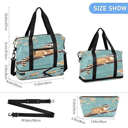 Ringtail Lemur Flowers Teal Travel Duffel Bag for Women Men Gym Bag with Shoe Compartment Wet Pocket Carry On Weekender Overnight Bags for Travel Weekend Getaway3