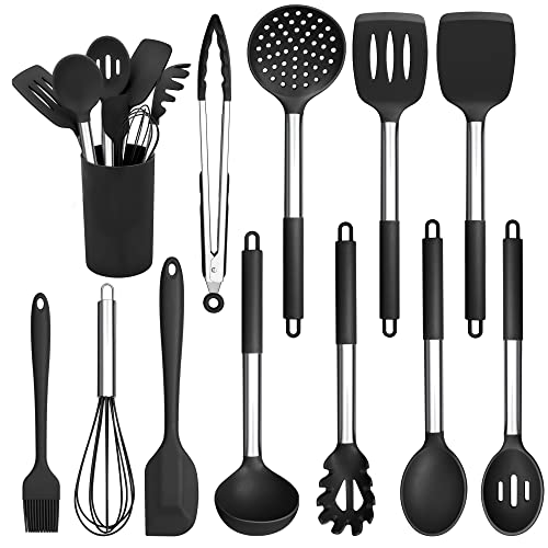 Herogo Kitchen Utensils Set, 12 Pieces Silicone Cooking Utensils with Stainless Steel Handle, Heat Resistant Cooking Tools Turner Spoon Spatula Set with Holder, Easy to Clean - Black Herogo Kitchen Utensils Set, 12 Pieces Silicone Cooking Utensils with Stainless Steel Handle, Heat Resistant Cooking Tools Turner Spoon Spatula Set with Holder, Easy to Clean - Black