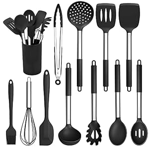 Herogo Kitchen Utensils Set, 12 Pieces Silicone Cooking Utensils with Stainless Steel Handle, Heat Resistant Cooking Tools Turner Spoon Spatula Set with Holder, Easy to Clean – Black