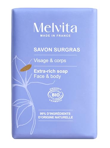 Melvita - Jabón Sólido Facial y Corporal - Limpiador Suave Multiusos - Sin Sulfato ni Aceite de Palma - Nutre y Suaviza la Piel - Ideal para Viaje, Uso Diario - 150g