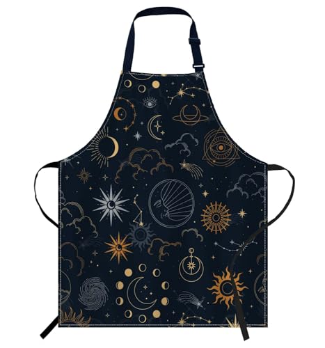 Smooffly Delantal de sol y luna y estrella, delantal ajustable para hombres y mujeres, adecuado para cocina, camarera, chef, delantal, Sol Luna Estrella, 27x31 Inch
