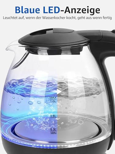 Aigostar Wasserkocher Klein 1L, Borosilikatglas mit LED Beleuchtung 2200W – Ansicht 6