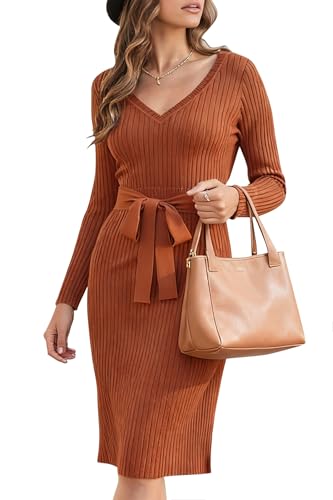 Newshows Strickkleid Damen Herbst Langarm Kleid Elegant Pulloverkleid V Ausschnitt Winterkleid Orange,M