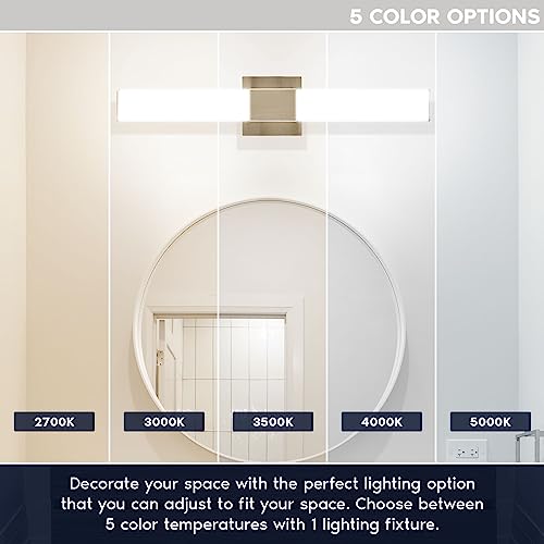 Image of LUXRITE LED Bathroom Vanity Light Fixtures Square 24 Inch Brushed Nickel 5 CCT 2700K-5000K Selectable Over Mirror Vanity Lights Modern Wall Light Bar 24W 1500 Lumens CRI 90 Dimmable Damp Rated ETL