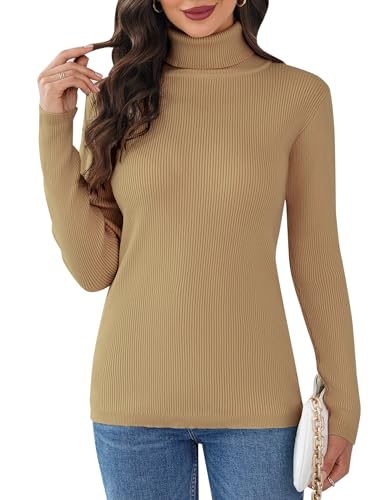 Aottori Damen Elegant Rollkragen Pullover Slim Fit Langarm Strickwaren Rollkragenpullover Einfarbig Strickpullover Winter Ribbed Strick Pullover Tops Kamel M., 14.99 €