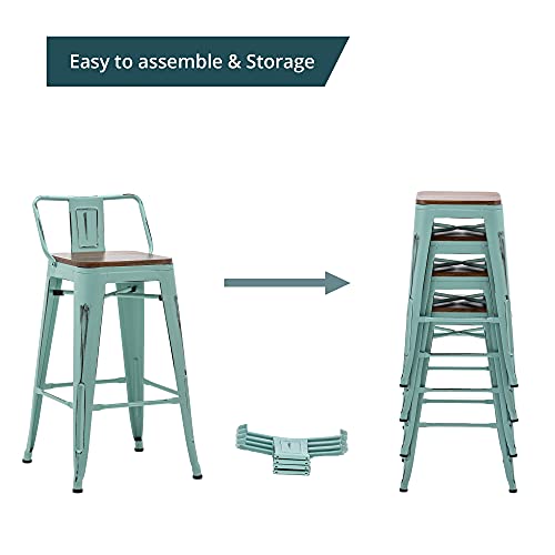 Andeworld Bar Stools Set Of 4 Counter Height Stools Industrial Metal Barstools With Wooden Seats(24 Inch, Distressed Green Blue) #TOP4