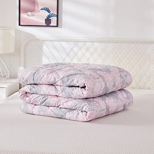 Brandeam Pink Grey Comforter Set Twin Size Cozy Cotton Kids Girls Quilt Damask Floral Bedding Set 3-Piece #TOP7