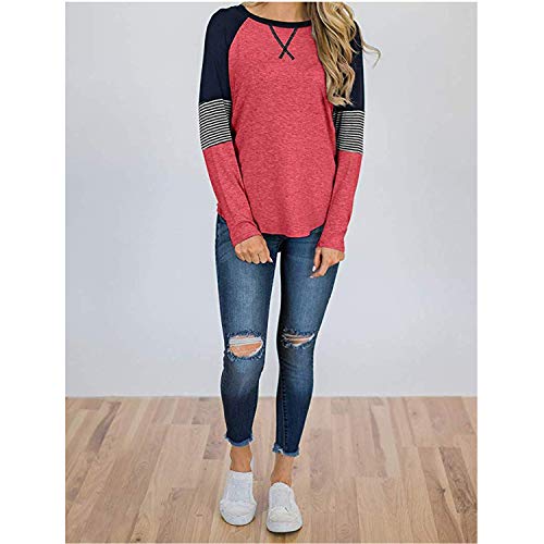 Women's Color Block Crew Neck Tunic Tops Casual Long Sleeve Pullover Shirt Blouse Red