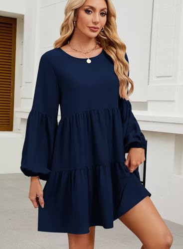 Image of QACOHU Falll Dresses for Women 2026 Crew Neck Long Lantern Sleeve Casual Loose Flowy Swing Shift Dress