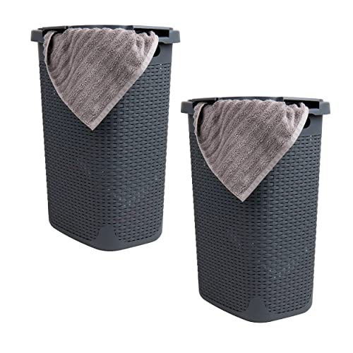 Image of Mind Reader 60L Slim Laundry Hamper, Clothes Basket, Lid, Wicker Style, Plastic, 17.65"L x 13.75"W x 24.15"H, Set of 2, Gray