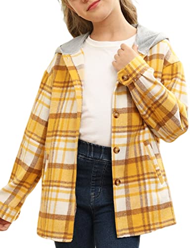 Image of Girls Cute Flannel Plaid Button Down Top with Pockets Long Sleeve Hooded Jacket