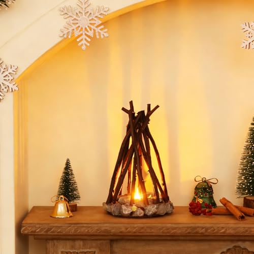 BVI BOOMERVIVI Wooden Campfire Night Lights, Creative Log Lamp with 3 Lighting Modes & Flame Sound, LED Dimmable Simulated Bonfire Lamp, Cozy Fireplace Lantern for Bedroom Office Table (Small)