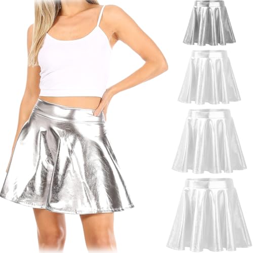 GGUFAY Falda con purpurina metálica líquida para mujer, falda plisada corta acampanada, minifalda metálica, falda de una línea, vestido de fiesta de cosplay, falda de carnaval (Plata-S)