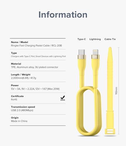 Cordon Lightning USB C jaune Ringke 2m idéal pour charger l'iPhone au lit