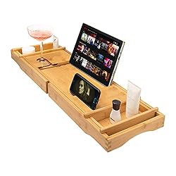 100% Natural Bamboo Bath Tub Multifunction Extendable Caddy Tray - for Bath Time Escapes Rest & Relaxation - Holds Wine Glass, Candles/Tealights, Tablet Device or Book Rest.